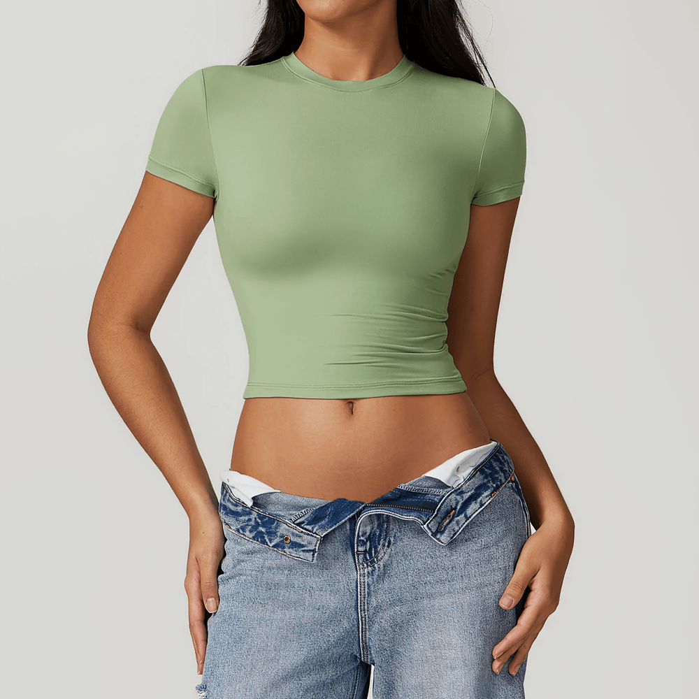 Women's green crop elastic short sleeve quick-dry T-shirt SF2427, perfect for running, yoga, and fitness in breathable nylon and spandex.